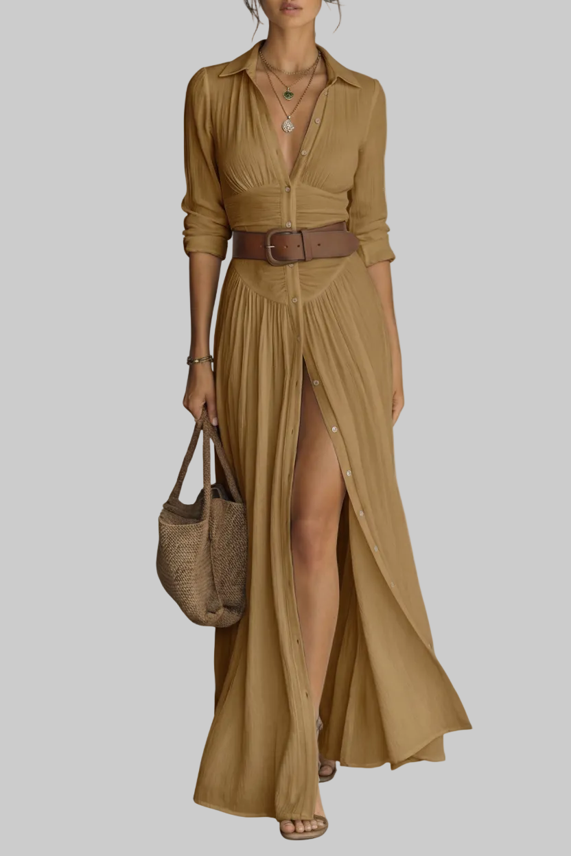 VESTIDO LARGO MAXI CON CUELLO EN V Y MANGAS LARGAS PARA MUJER