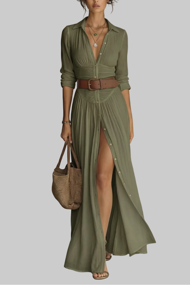 VESTIDO LARGO MAXI CON CUELLO EN V Y MANGAS LARGAS PARA MUJER
