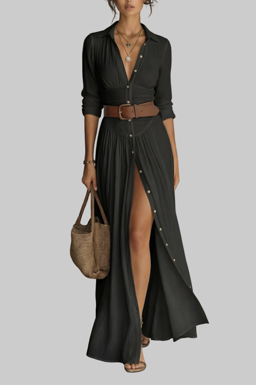 VESTIDO LARGO MAXI CON CUELLO EN V Y MANGAS LARGAS PARA MUJER