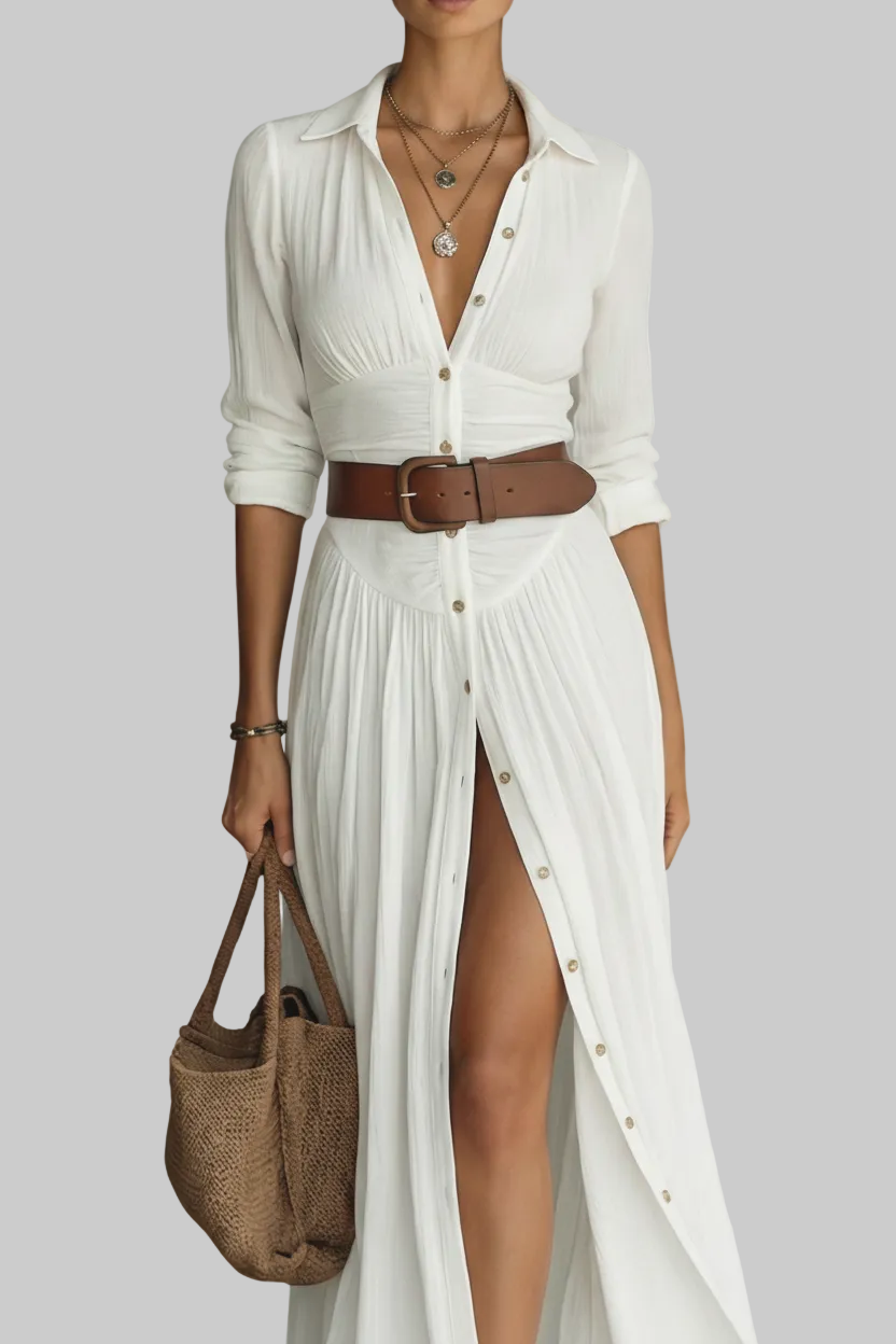 VESTIDO LARGO MAXI CON CUELLO EN V Y MANGAS LARGAS PARA MUJER